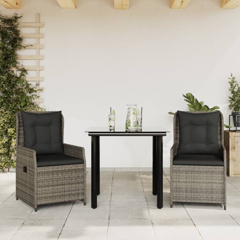vidaXL Set comedor de jardín 3 piezas con cojines ratán sintético gris