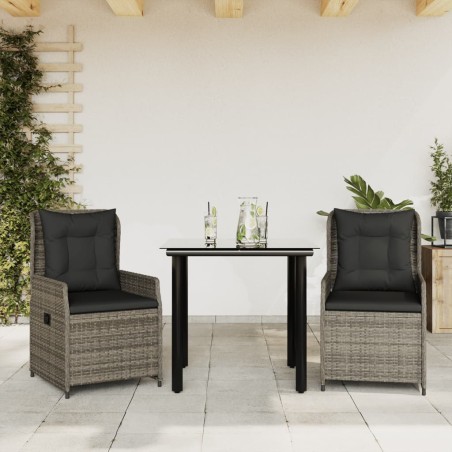 vidaXL Set comedor de jardín 3 piezas con cojines ratán sintético gris