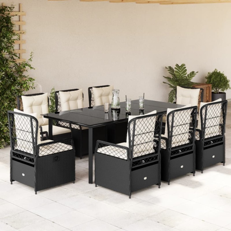 vidaXL Set de comedor de jardín 9 pzas y cojines ratán sintético negro vidaXL Set de comedor de jardín 9 pzas y cojines ratán sintético negro