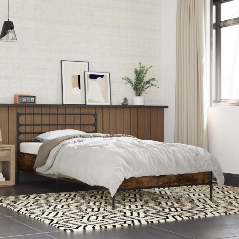 vidaXL Estructura cama madera ingeniería metal roble humo 75x190 cm vidaXL Estructura cama madera ingeniería metal roble humo 75x190 cm