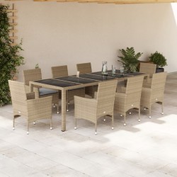 vidaXL Set comedor jardín 9 pzas cojines ratán sintético vidrio beige