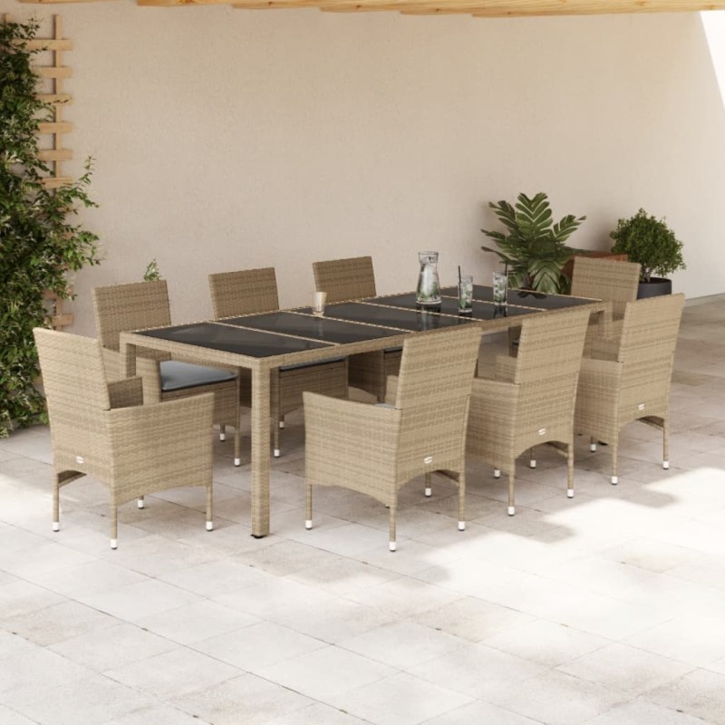 vidaXL Set comedor jardín 9 pzas cojines ratán sintético vidrio beige vidaXL Set comedor jardín 9 pzas cojines ratán sintético vidrio beige