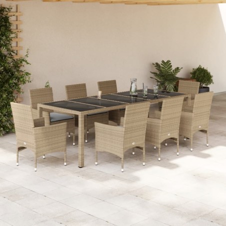 vidaXL Set comedor jardín 9 pzas cojines ratán sintético vidrio beige