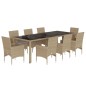 vidaXL Set comedor jardín 9 pzas cojines ratán sintético vidrio beige vidaXL Set comedor jardín 9 pzas cojines ratán sintético vidrio beige