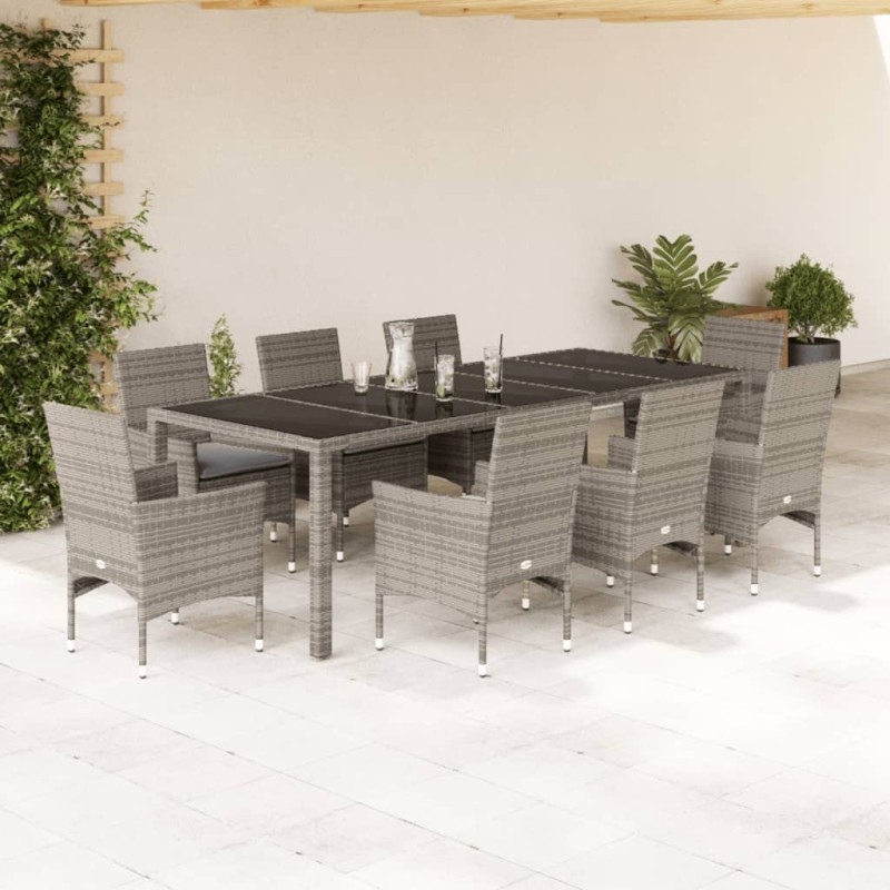 vidaXL Set comedor jardín 9 pzas y cojines ratán sintético vidrio gris vidaXL Set comedor jardín 9 pzas y cojines ratán sintético vidrio gris