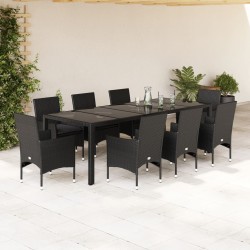 vidaXL Set comedor jardín 9 pzas cojines ratán sintético vidrio negro