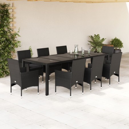 vidaXL Set comedor jardín 9 pzas cojines ratán sintético vidrio negro