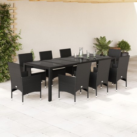 vidaXL Set comedor jardín 9 pzas cojines ratán sintético vidrio negro