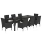 vidaXL Set comedor jardín 9 pzas cojines ratán sintético vidrio negro vidaXL Set comedor jardín 9 pzas cojines ratán sintético vidrio negro