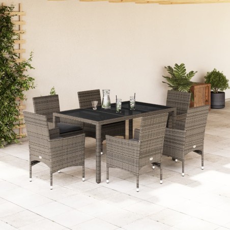 vidaXL Set comedor jardín 7 pzas y cojines ratán sintético vidrio gris