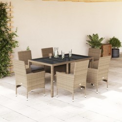 vidaXL Set comedor jardín 7 pzas cojines ratán sintético vidrio beige