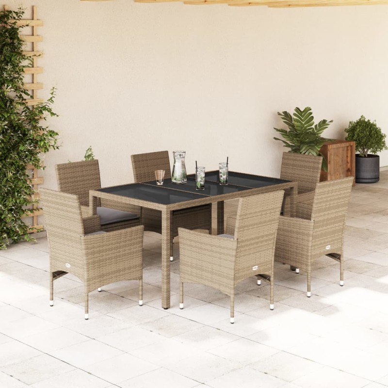 vidaXL Set comedor jardín 7 pzas cojines ratán sintético vidrio beige vidaXL Set comedor jardín 7 pzas cojines ratán sintético vidrio beige