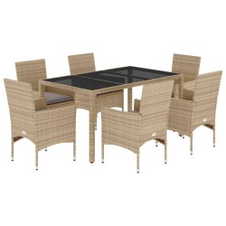 vidaXL Set comedor jardín 7 pzas cojines ratán sintético vidrio beige