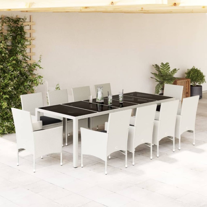 vidaXL Set comedor jardín 11 pzas con cojines ratán PE vidrio blanco vidaXL Set comedor jardín 11 pzas con cojines ratán PE vidrio blanco
