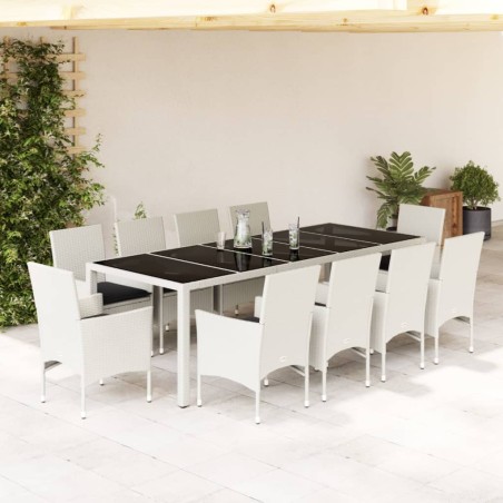 vidaXL Set comedor jardín 11 pzas con cojines ratán PE vidrio blanco