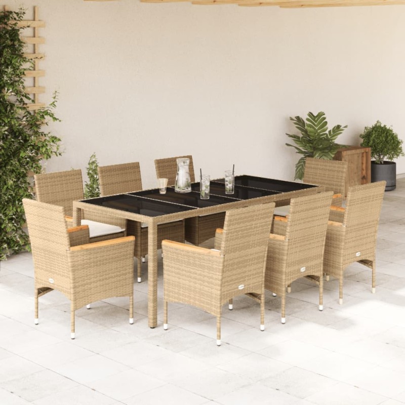 vidaXL Set comedor jardín 9 pzas cojines ratán sintético vidrio beige