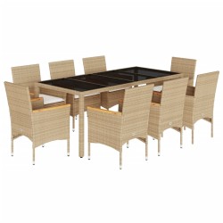 vidaXL Set comedor jardín 9 pzas cojines ratán sintético vidrio beige