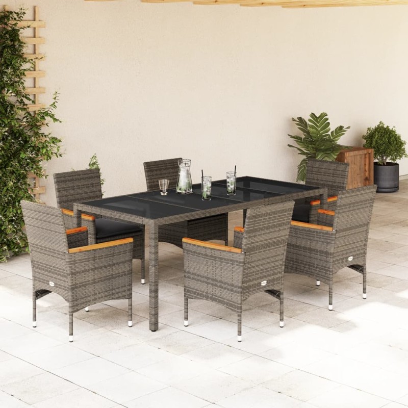 vidaXL Set comedor jardín 7 pzas y cojines ratán sintético vidrio gris