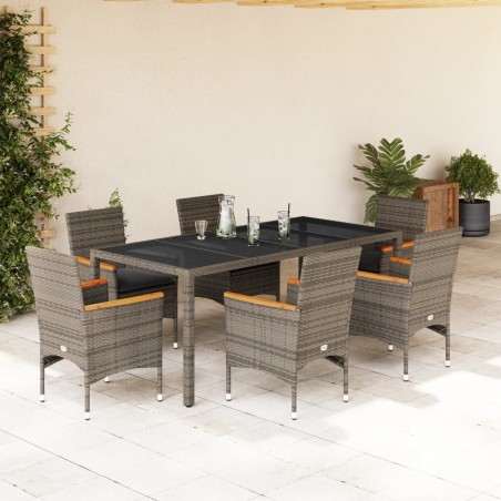 vidaXL Set comedor jardín 7 pzas y cojines ratán sintético vidrio gris