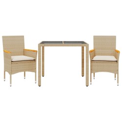 vidaXL Set comedor jardín 3 pzas cojines ratán sintético vidrio beige