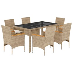 vidaXL Set comedor jardín 7 pzas cojines ratán sintético vidrio beige