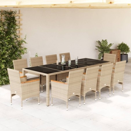 vidaXL Set comedor jardín 11 pzas cojines ratán sintético vidrio beige