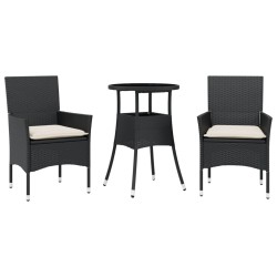 vidaXL Set comedor jardín 3 pzas cojines ratán sintético vidrio negro