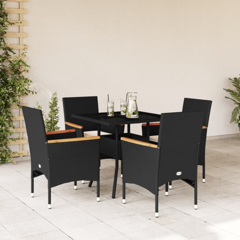 vidaXL Set comedor jardín 5 pzas cojines ratán sintético vidrio negro vidaXL Set comedor jardín 5 pzas cojines ratán sintético vidrio negro