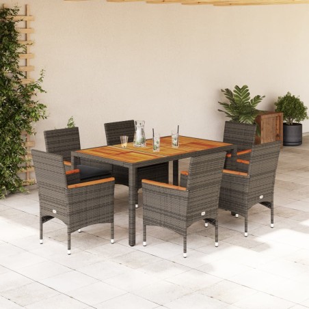 vidaXL Set de comedor jardín 7 pzas con cojines ratán PE acacia gris