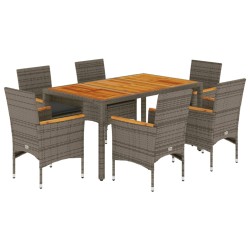 vidaXL Set de comedor jardín 7 pzas con cojines ratán PE acacia gris