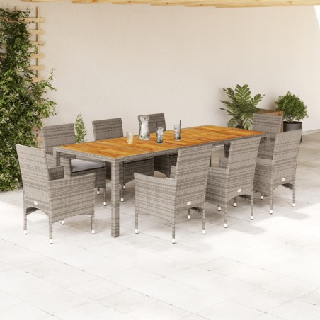vidaXL Set de comedor jardín 9 pzas con cojines ratán PE acacia gris