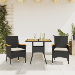 vidaXL Set de comedor jardín 3 pzas con cojines ratán PE acacia negro