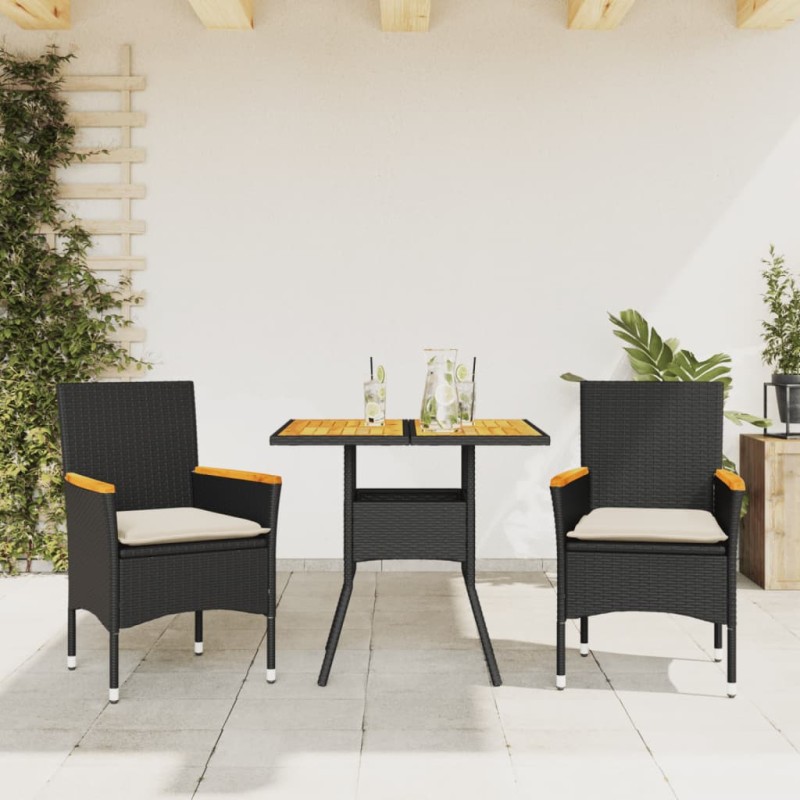 vidaXL Set de comedor jardín 3 pzas con cojines ratán PE acacia negro vidaXL Set de comedor jardín 3 pzas con cojines ratán PE acacia negro