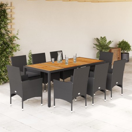 vidaXL Set de comedor jardín 9 pzas con cojines ratán PE acacia negro