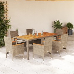 vidaXL Set de comedor jardín 7 pzas con cojines ratán PE acacia beige