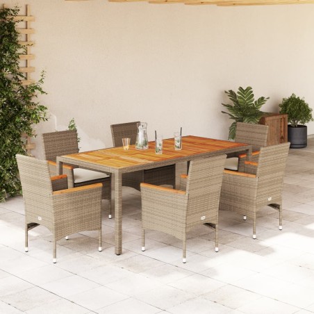 vidaXL Set de comedor jardín 7 pzas con cojines ratán PE acacia beige