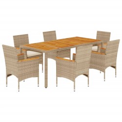 vidaXL Set de comedor jardín 7 pzas con cojines ratán PE acacia beige