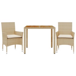 vidaXL Set de comedor jardín 3 pzas con cojines ratán PE acacia beige