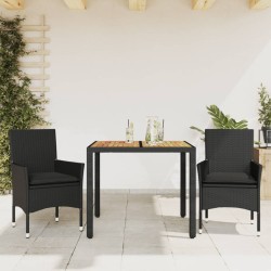 vidaXL Set de comedor jardín 3 pzas con cojines ratán PE acacia negro