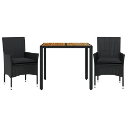 vidaXL Set de comedor jardín 3 pzas con cojines ratán PE acacia negro