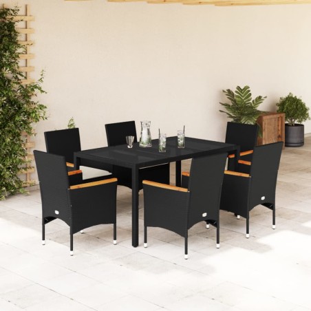 vidaXL Set comedor jardín 7 pzas cojines ratán sintético vidrio negro