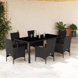 vidaXL Set comedor jardín 7 pzas cojines ratán sintético vidrio negro