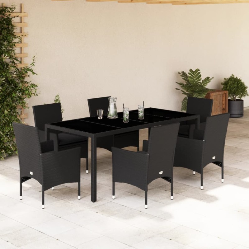 vidaXL Set comedor jardín 7 pzas cojines ratán sintético vidrio negro vidaXL Set comedor jardín 7 pzas cojines ratán sintético vidrio negro