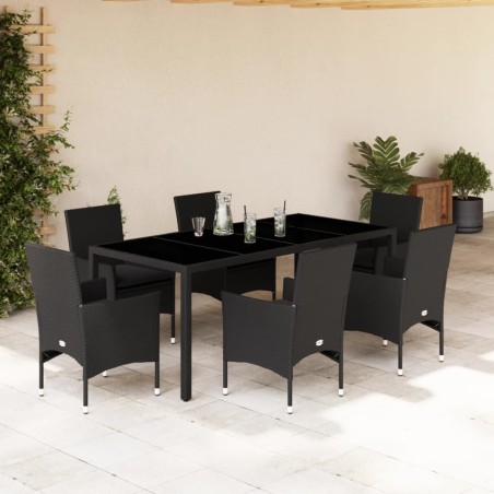 vidaXL Set comedor jardín 7 pzas cojines ratán sintético vidrio negro