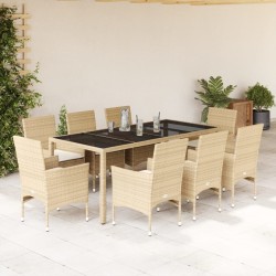 vidaXL Set comedor jardín 9 pzas cojines ratán sintético vidrio beige