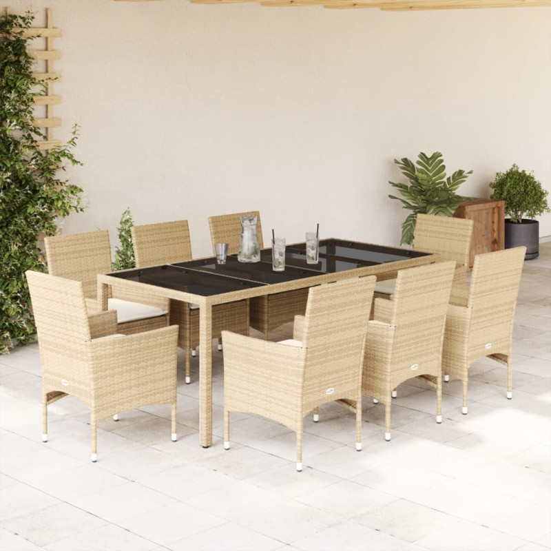 vidaXL Set comedor jardín 9 pzas cojines ratán sintético vidrio beige vidaXL Set comedor jardín 9 pzas cojines ratán sintético vidrio beige