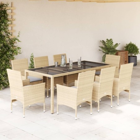 vidaXL Set comedor jardín 9 pzas cojines ratán sintético vidrio beige