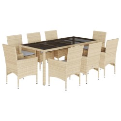 vidaXL Set comedor jardín 9 pzas cojines ratán sintético vidrio beige