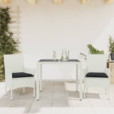 vidaXL Set comedor jardín 3 pzas cojines ratán sintético vidrio blanco