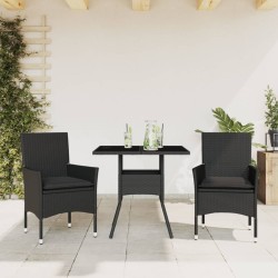 vidaXL Set comedor jardín 3 pzas cojines ratán sintético vidrio negro